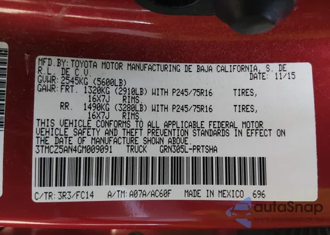 2016 Toyota Tacoma Sr5 V6 z USA, uszkodzony, nr VIN 3TMCZ5AN4GM009091